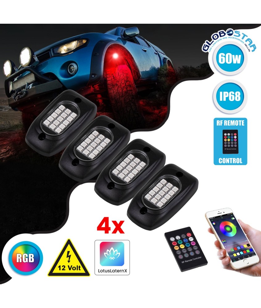 GloboStar® 85331 Car Underbody LED Flood Kit DC 12V 60W με Smart Bluetooth Controller - Εφαρμογή APP & Ασύρματο Χειριστήριο RF Αδιάβροχο IP68 Πολύχρωμο RGB